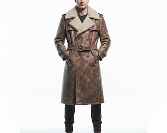 Mens B3 Bomber RAF Aviator Leather Long Coat Flight Jacket Real Sheepskin Leather Warm Coat