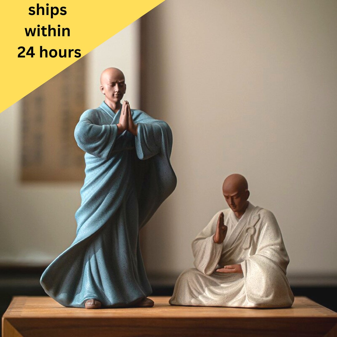 Chinese Zen Monk Statue 9 Inch Ceramic Sculpture Buddhist Culture Art Bonsai Garden Decoration