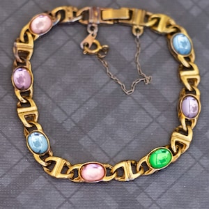 7 inch, Vintage Oval Colorful Faux Gems Gold Tone Bracelet - G49