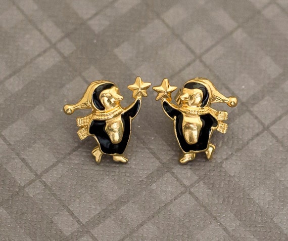 Vintage Boho Gold Tone Penguin Stud Earrings by A… - image 1