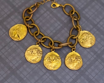 8 inch, Vintage Roman Greek Coin Charms Gold Tone Charm Bracelet - G49