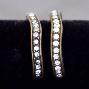 Vintage Rhinestone Strip Silver Tone Hoop Earrings, G43
