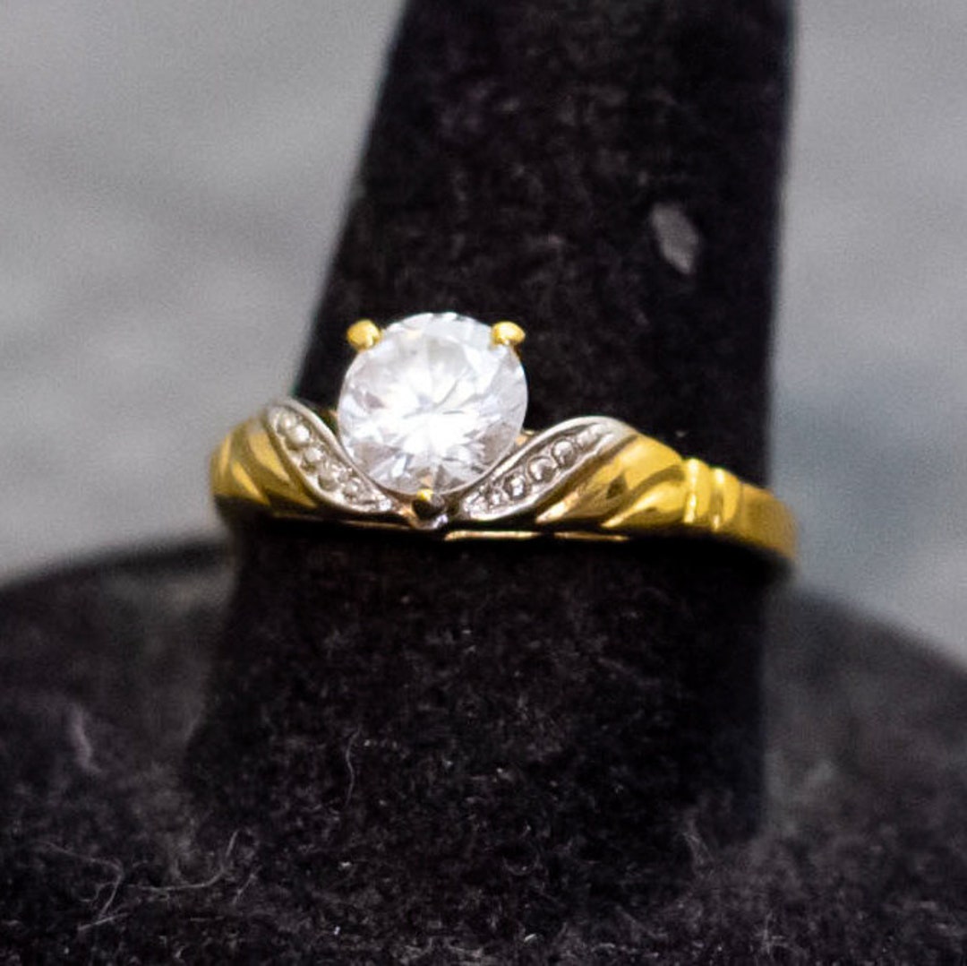 Size 8, Vintage Art Deco Clear Gem Gold Plated Intricate