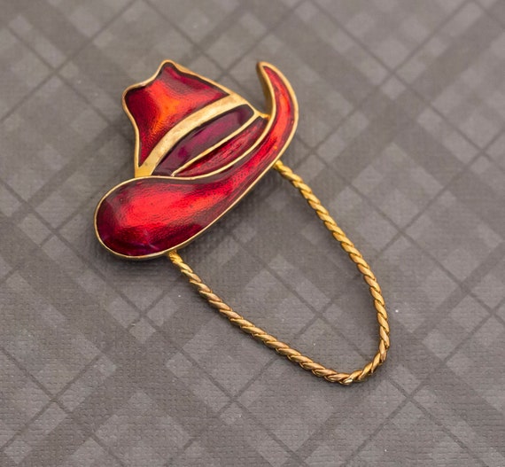 Vintage Red Hat Brooch with Gold Color Trim Vintage Red Hat Brooch with Gold Color Trim main image 3