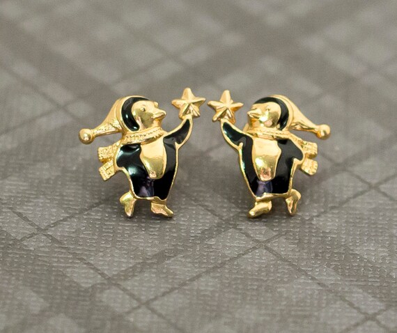 Vintage Boho Gold Tone Penguin Stud Earrings by A… - image 2