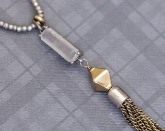 24 inch, Vintage Metal & Crystal Unique Beads Tassel Necklace, G48