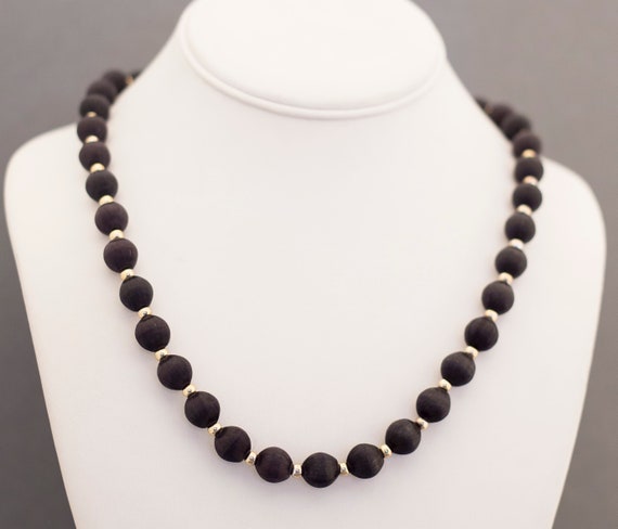 Vintage Plastic Fabric Beaded Black Necklace 30 I… - image 1