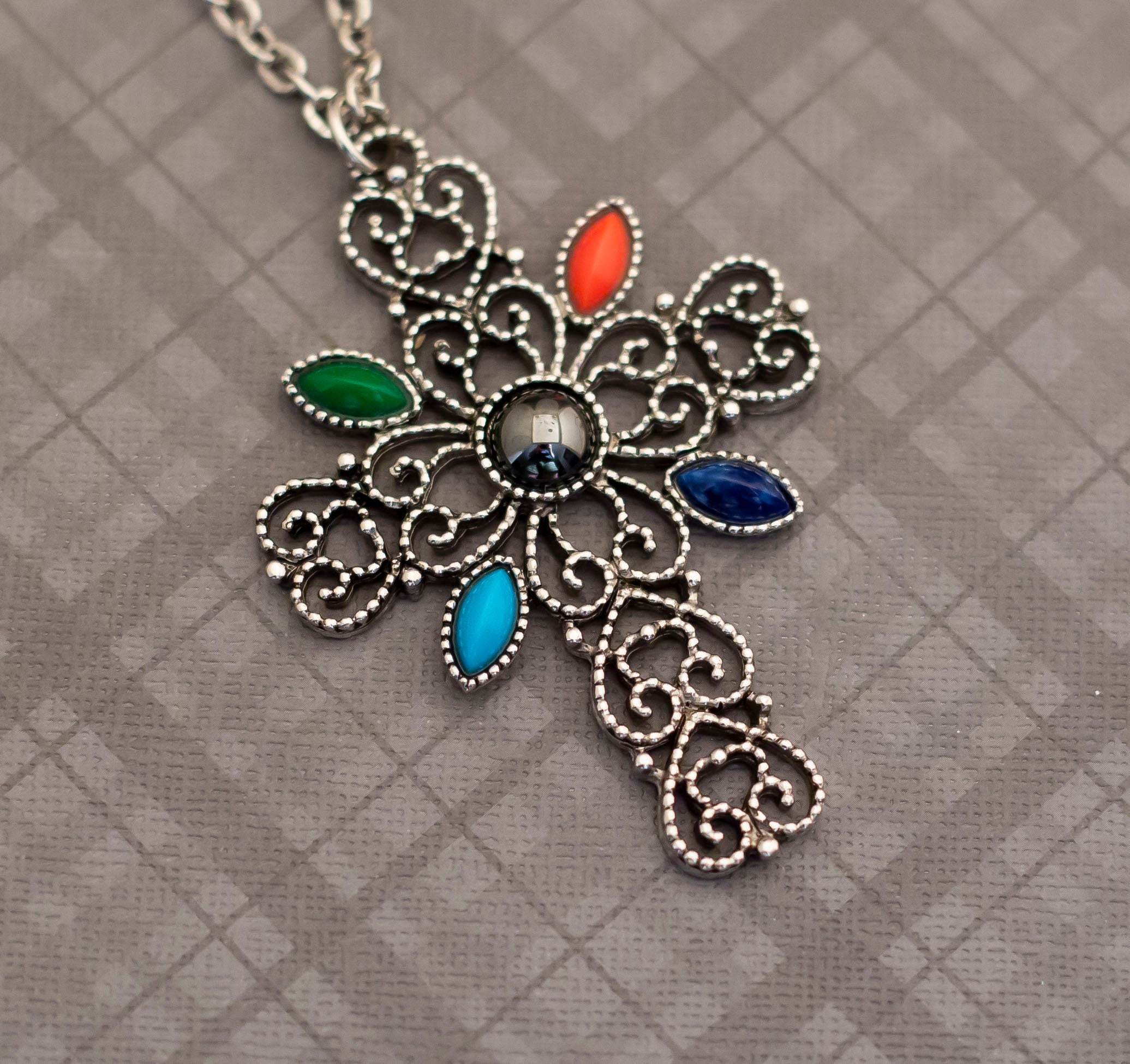 Vintage Celtic Multicolored Silver Cross Necklace, 24 Inches by
