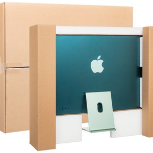 May include: A teal computer monitor with a white Apple logo is packaged in a cardboard box with foam padding for protection.