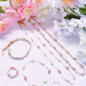 cute beaded rings / beaded flower necklace / flower bead jewelry / cute beaded necklace  / flower cute beaded bracelet / flower bead ring