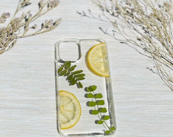 Funda para teléfono iPhone 17/16/15/14/13/12/XR/8 Plus hecha a mano con limones prensados y resina de limón. Funda para teléfono con diseño de flores y frutas reales.