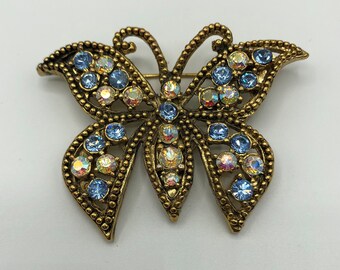 Vintage Bohemian Czech gold tone bow pin brooch crystal black rhinestones 