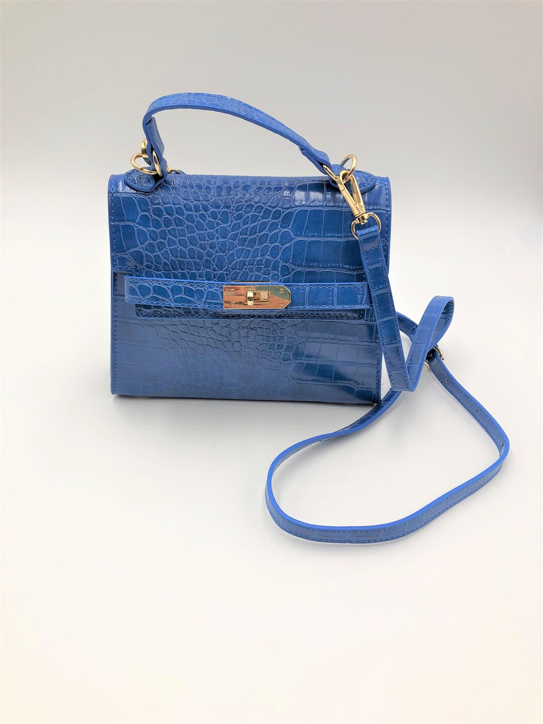 BURBERRY Croc-Embossed Leather Shoulder Bag - Cool Blue