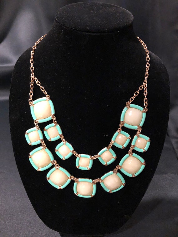 Statement Necklace Green and White Lucite Squares,