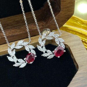 18K Gold Oval Lab Grown Ruby Olive Branch Necklace, Red Ruby Diamond Leaf Pendant Necklace