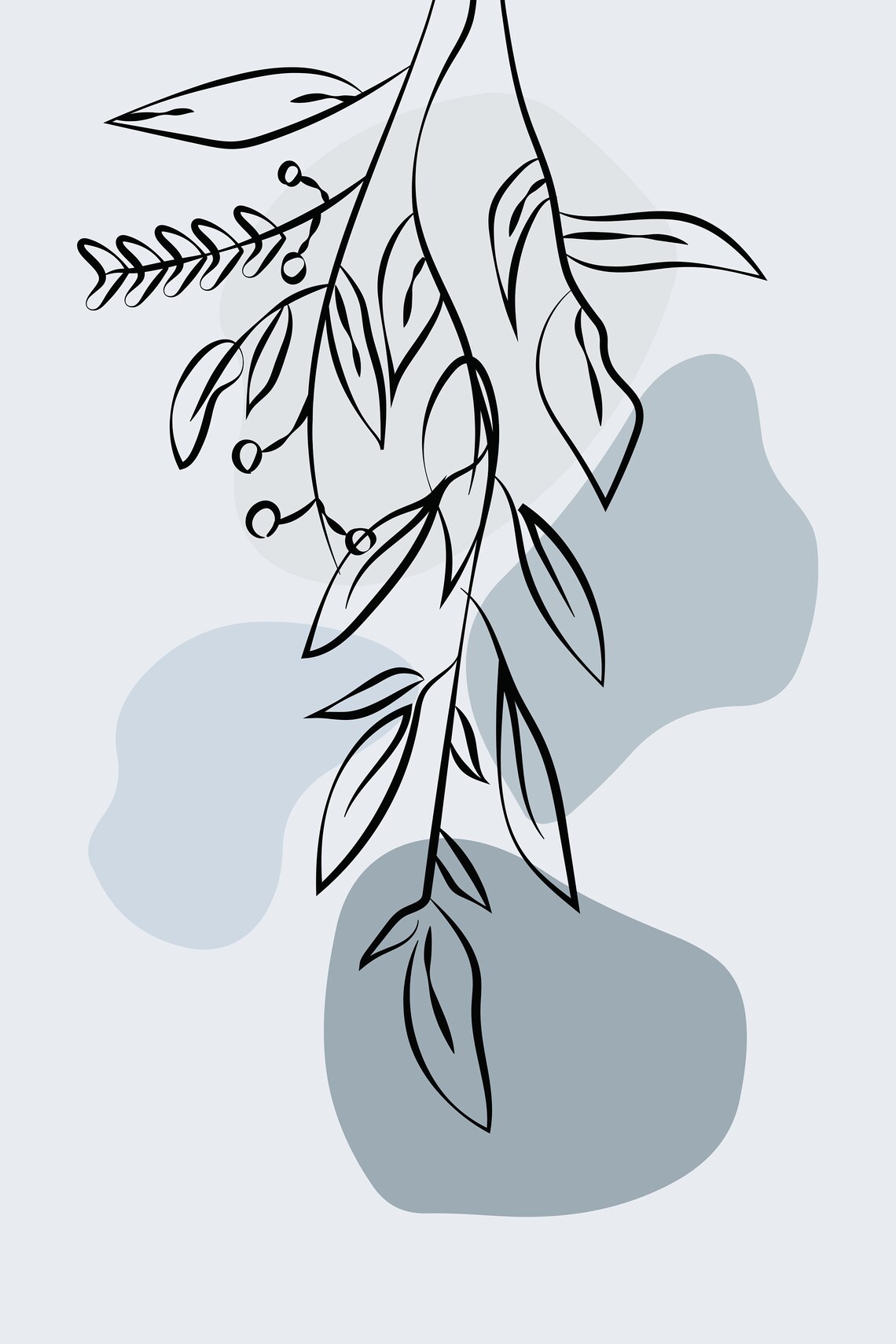 Boho Botanical Print, Set of 3, Blue Gallery Wall Art, Minimalist