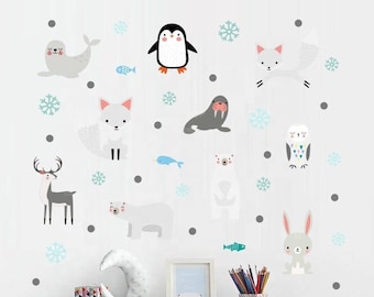 Cute Animals and Snow Flakes Decals: Penguin, Cat, Owl, Bear, Bunny | Removable, High Quality, Kid Decal | Kawaii, Creative, Fun Stickers