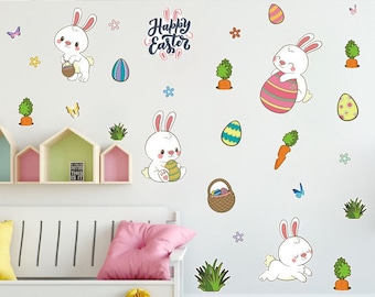 Bunnies and Eggs Wall Decal -Easter | Removable, High Quality, Nursery Decal | Kawaii, Creative, Fun Wall Decor | Wall Stickers