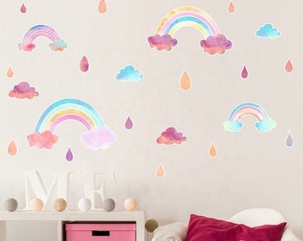 Rainbow and Raindrops Wall Decal - Pink Watercolor | Removable, High Quality, Nursery Decal | Kawaii, Modern, Lively Tone | Wall Stickers