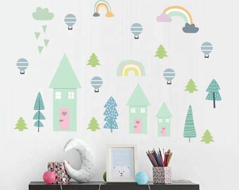 House and Forest Wall Decal - Pines, Hot Air Balloons, Rainbows | Removable, High Quality, Nursery Decal | Simple, Modern, Cool Stickers
