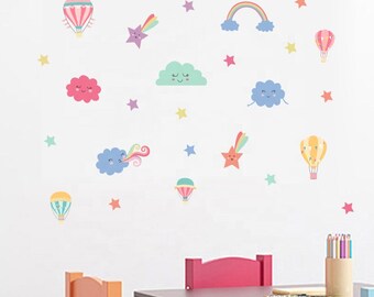 Smiley Clouds, Stars, and Hot Air Balloon Wall Decal | Removable, High Quality, Nursery Decal | Simple, Modern, Fun Decal | Wall Stickers