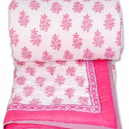 Pink Hand Block Print Quilt Indian Reversible Razai Cotton Etsy