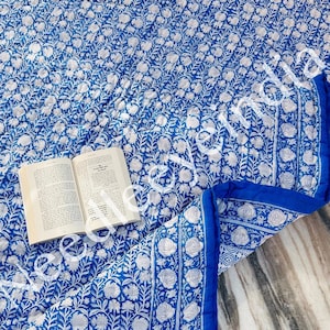 Blue and White Quilted Throw/ California King, Queen,Twin Quilt/  Adult Cotton Throw/  Gauze Blanket/ Checkered Linen Quilt/ Stuffed Quilt
