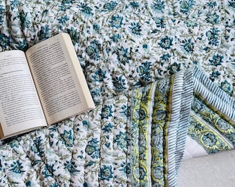 Blockprint Quilt California King Queen Size Quilt Handmade Jaipur Quilt Rajai Quilted Throw Blanket Indian Cotton Quilt Padded Reversible