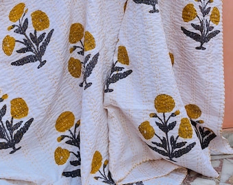 Floral Kantha Quilt: Hand Block Print Indian Cotton Bedspread