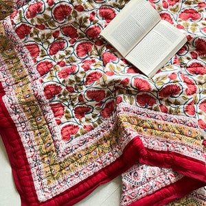 Indian Reversible Quilt Soft Cotton Quilt Hand Block Print Quilt Floral Print Soft Cotton Quilt, cotton boho queen size blanket,Cotton Quilt