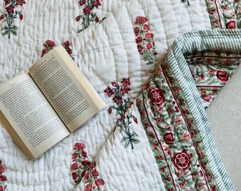 ハンドブロックプリントコットンクイーンキルト: リバーシブルジャイ