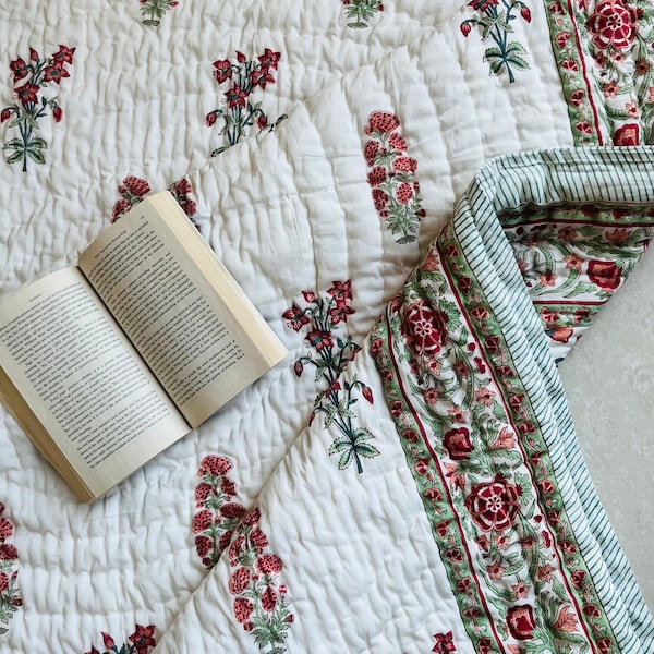 Hand Block Print Queen Cotton Quilt: Floral Handmade Bedspread