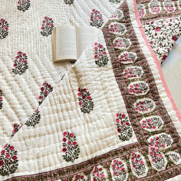 HandBlock Print Handmade Queen floral Cotton Quilted Quilt Cotton Blanket Handmade Bedspread Hand Block Print, 100% Cotton  Blanket Throw