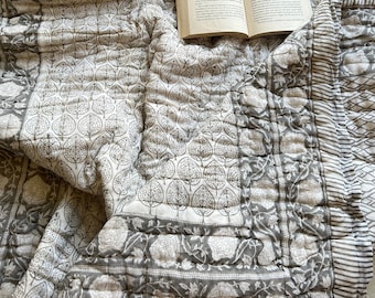 Hand Block Print Queen Quilt: Grey Floral Cotton Bedspread