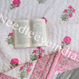 Pink Rose Flower Quilt, 100 % Cotton, Reversible Quilted Throw, Gifts for Home Decor, Housewarming Gift, Cotton Jaipuri Razai, Bedding Throw