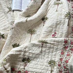 New King Cotton Jaipur Razai Block Printed Beach Quilt Throw Comforter Quilt, Large Bedding Quilt, Printed Reversible Kantha Quilt