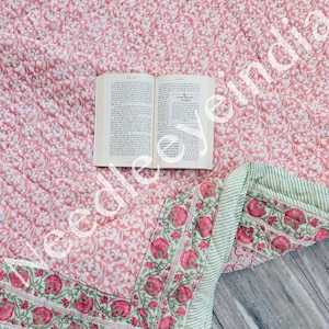 Vintage Pink And Green Quilt, Farmhouse Floral Quilt, Block Print Cotton Blanket, Reversible Queen Size Blanket, Cotton Quilted Throw