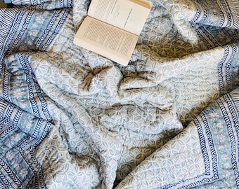 Hand Block Print Twin Quilt: Reversible Indian Cotton Razai