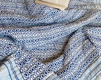 Hand Block Print Cotton Quilt: Reversible Indian Queen Razai