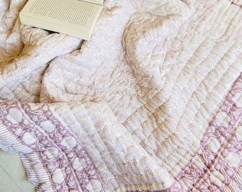 Hand Block Print Cotton Quilt: Reversible Indian Jaipuri Razai