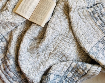 Hand Block Print Cotton Quilt: Reversible Greyish Blue Twin/Queen