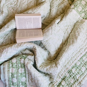 Indian Reversible Light Green Twin Queen Quilt, Jaipuri Razai, Christmas Gift Soft Quilt, Hand Block Print Quilt, Jaipuri Quilt, Twin Quilt