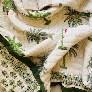 Indian Reversible Palm Tree Green Handmade Quilt/Jaipuri Razai Gifts/Soft Quilt/Hand Block Print Quilt/Jaipuri Famous Quilt/Queen size Quilt