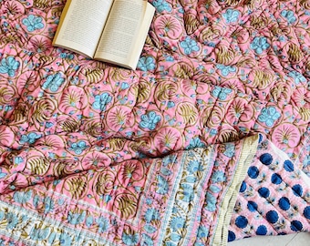 Hand Block Print Quilt: Wendedecke Jaipuri Rajai aus Indien