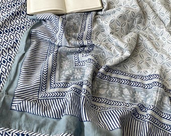 Blue Handblock Printed Cotton Dohar Quilt Summer Indian Geomatric Throw, Reversible New Bedding Sheet