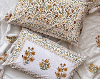 Handmade Floral Block Print Cushion Cover: Reversible Cotton Pillow