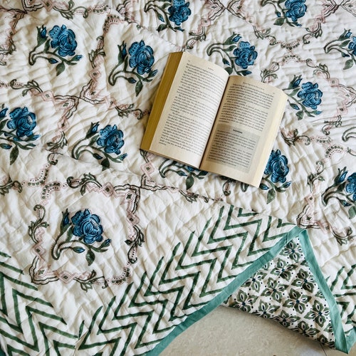 Jaipuri Floral Print Quilt Handmade Block Print Cotton Quilt Etsy