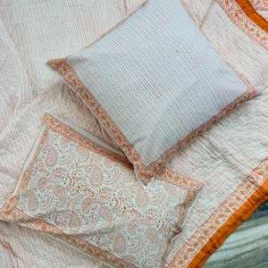 Orange HandBlock Printed Cushion Cover, Set of Euro Shams, Indian Cotton Spring pillowcase, Bed Sofa Pillow Cover, Floral Couch Pillow Cover