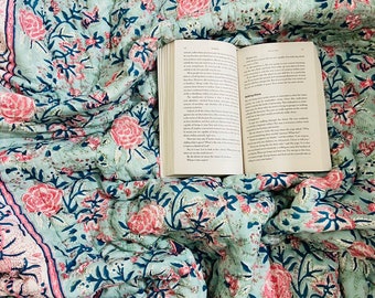 HandBlock Printed Queen Green floral Cotton Quilted Quilt Cotton Blanket Handmade Bedspread Hand Block Print, 100% Cotton  Blanket Throw