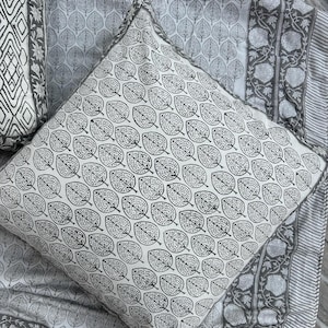 Grey Block Printed Cotton Soft Pillow Cover, Handmade Floral Throw Pillow Cover, Modern Linen Cushions, Lightweight Sofa Pillows